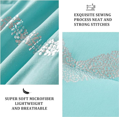 Aqua Comforter Set King Size, Metallic Teal and Silver Bedding Set, 4 Piece Lightweight Microfiber Comforter for Teen Girls Women (2 Pillow Shams + 1 Decorative Pillow Sham)