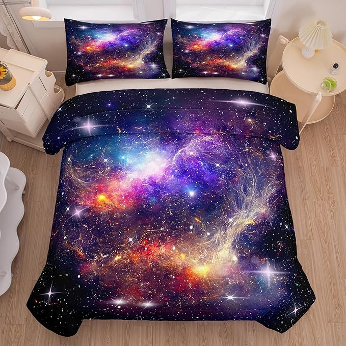 Tailor Shop Galaxy Comforter Space Kids Bedding Set Full Size, Purple Comforter for Girls with 2 Pillowcase