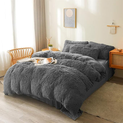 FOPPA Dark grey fluffy Comforter Cover Set king- Ultra Soft fluffy Dark grey Bedding Sets 3 Pieces (1 Duvet Cover + 2 Pillow case) Dark grey fluffy bed set (Dark Grey, King)