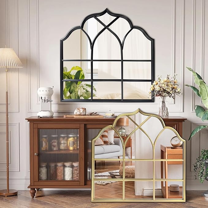 Window Mirror Pane, Black Metal Frame, Cathedral Arched Wall Mirrors Decorative Over Fireplace Mantel, Farmhouse Decorations for Dining Living Room Hallway Entryway