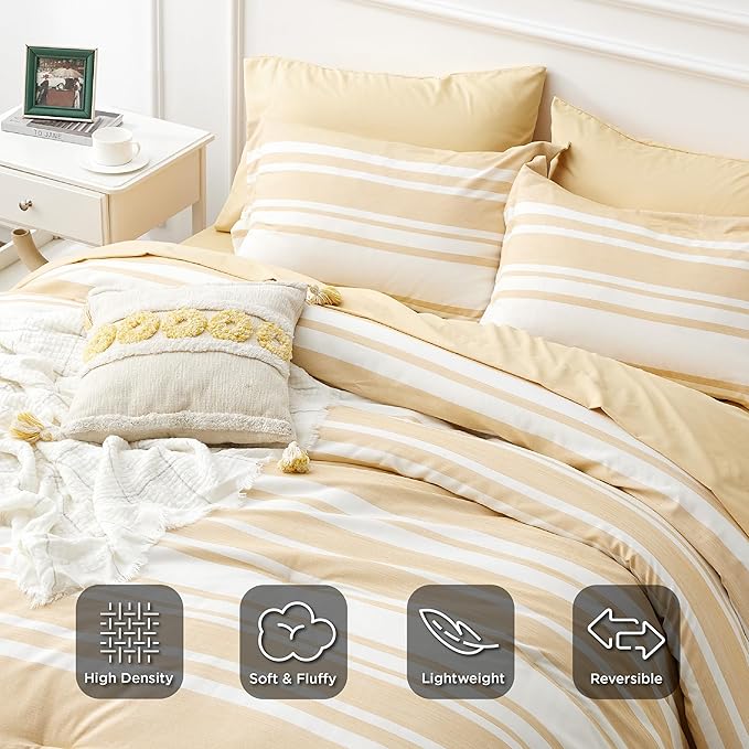 Bedsure Bed in a Bag California King Size 7-Piece Yellow White Striped Bedding Comforter Sets All Season Bed Set, 2 Pillow Shams, Flat Sheet, Fitted Sheet and 2 Pillowcases