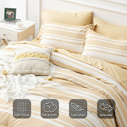 Bedsure Bed in a Bag California King Size 7-Piece Yellow White Striped Bedding Comforter Sets All Season Bed Set, 2 Pillow Shams, Flat Sheet, Fitted Sheet and 2 Pillowcases
