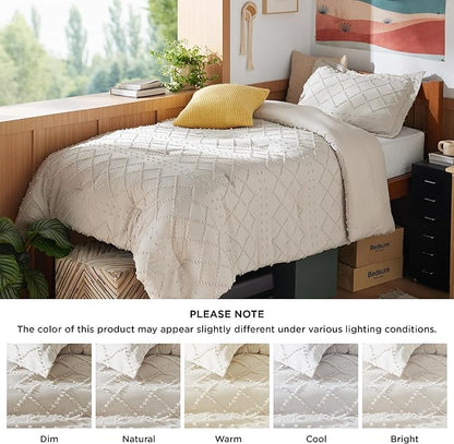 Bedsure Twin/Twin XL Comforter Set - Beige Boho Twin Extra Long Comforter Set for College, Shabby Chic Dorm Bedding Set, 2 Pieces Modern Farmhouse Bed Set, includes 1 Pillow Sham