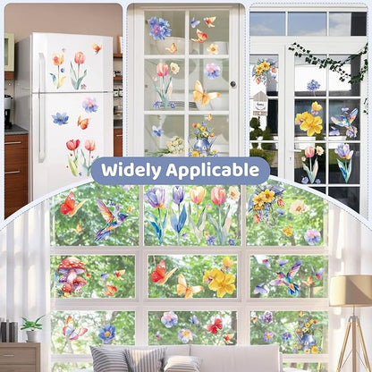 DC-BEAUTIFUL 116 PCS Spring Window Clings, 9 Sheets Double-Sided Hummingbird Butterfly Flower Easter Window Stickers, Reusable Static Floral Window Decals for Home School Office Party Decors