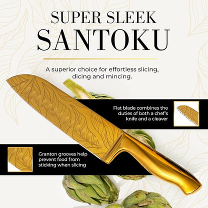 Styled Settings Gold Knives with Etched Leaves Pattern and Sharpener Block | 14-Piece Gold Titanium-Coated Blades with Beautiful Pattern, Ultra-Sharp Stainless Steel, & Stylish Kitchen Knife Block Set