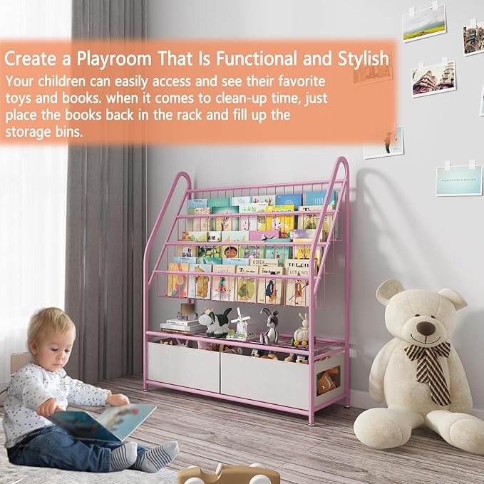Kids Book Shelf with Storage 32inch, 5 Tier Freestanding Pink Bookshelf, Large Modern Minimalist Book Case With Toy Storage Organizer For Bedroom Study Room Playrooms Children Room KDSJ2305-Pink