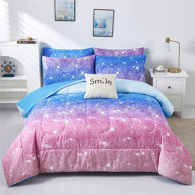 Rainbow Glitter Comforter Set Full/Queen Size for Girls, Sparkle Galaxy Twinkle StarlightTeen,3pc Aqua Blue Purple Pink Ombre Pastel Bedding with 2 Pillow Cases(Rainbow,Queen), Queen(3-Piece)
