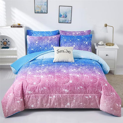 Rainbow Glitter Comforter Set Full/Queen Size for Girls, Sparkle Galaxy Twinkle StarlightTeen,3pc Aqua Blue Purple Pink Ombre Pastel Bedding with 2 Pillow Cases(Rainbow,Queen), Queen(3-Piece)