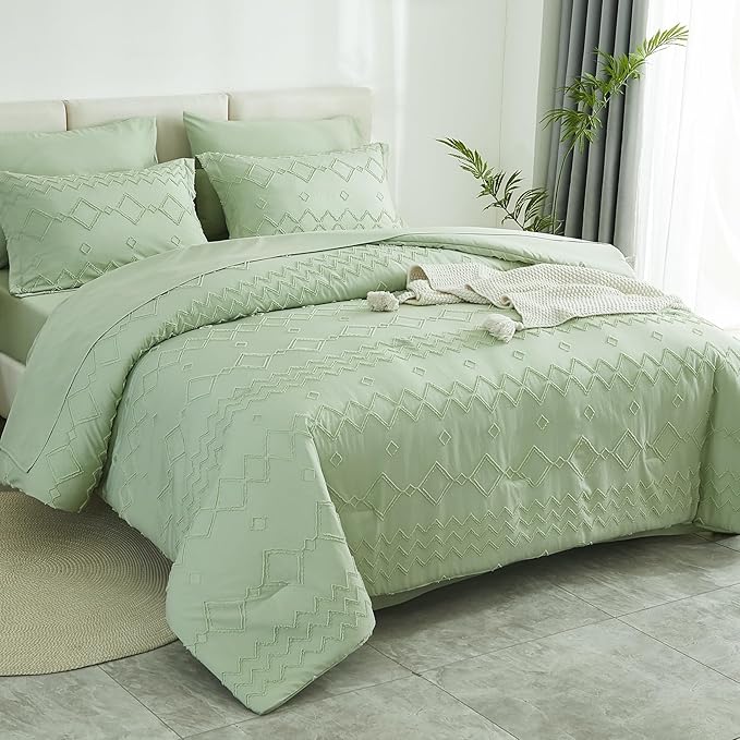 EMME Queen Comforter Set - 7 Pcs Sage Green Boho Bedding Sets, Full Size Tufted Comforter with Sheets, Shabby Chic Embroidery Queen Bed Set Fluffy Bed Bag for All Season(90"X90")