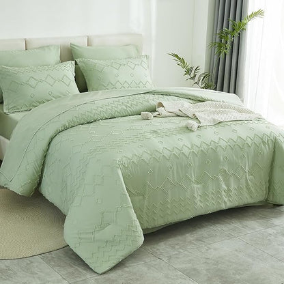 EMME Queen Comforter Set - 7 Pcs Sage Green Boho Bedding Sets, Full Size Tufted Comforter with Sheets, Shabby Chic Embroidery Queen Bed Set Fluffy Bed Bag for All Season(90"X90")