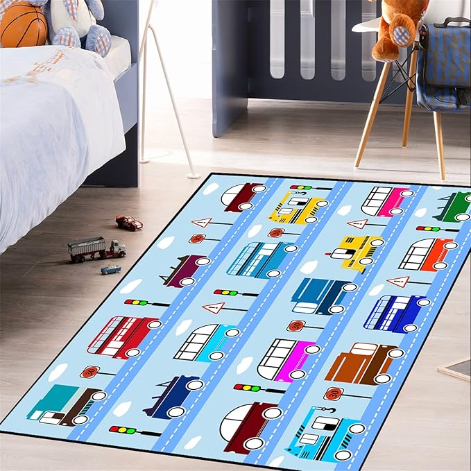 Car Rug Car Play Mat Kids Rugs for Playroom Car Rug Play Mat Rugs for Boys Bedroom Car Carpet for Kids Play Rug for Cars and Trucks Car Rug for Boys Room,Light Blue 3'×5'