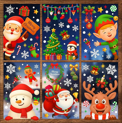 Christmas Window Clings - 9 Sheets 162 Pcs Cute Xmas Decorations for Winter Holiday Home Party Santa Reindeer Snowman Gingerbread Snowflake Stickers for Glass Double-Sided Static Window Decals
