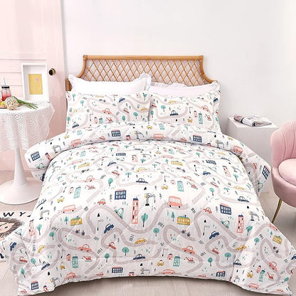 JSD Car Kids Printed Comforter Set for Boys Girls, 2 Pieces Twin Microfiber Comforter with Pillow Sham, Soft Comfortable Machine Washable