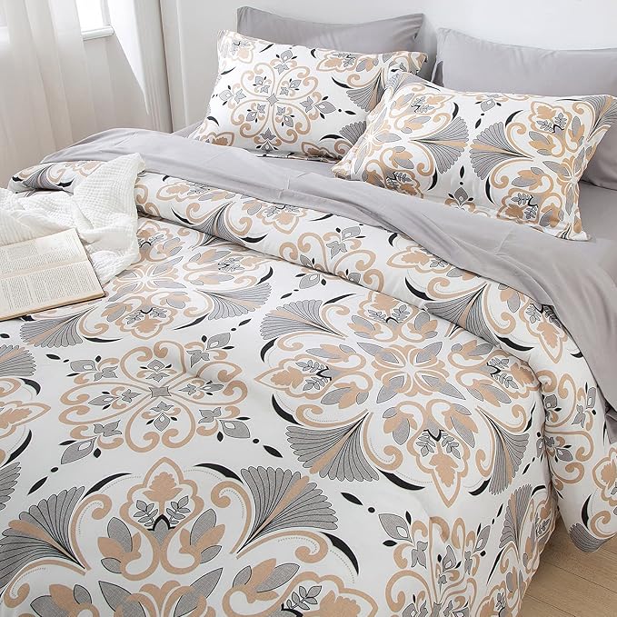 EMME Queen Comforter Set - Grey White Floral Bedding Set 7 PCS with Geometric Flowers Pattern, Soft Plant Printed Botanical Bed Set with Sheets, Fluffy Bed Bag for All Season(90"X90")