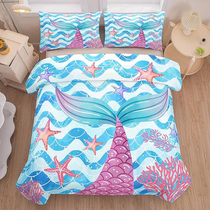 NINENINE Mermaid Tail Bedding Sets for Teens Girls, Princess Comforter Set, Blue Glitter Bedding Sets for Teens Girls,Sea Animal Kids Fish Scales Comforter Sets with 1 Comforter 2Pillowcases