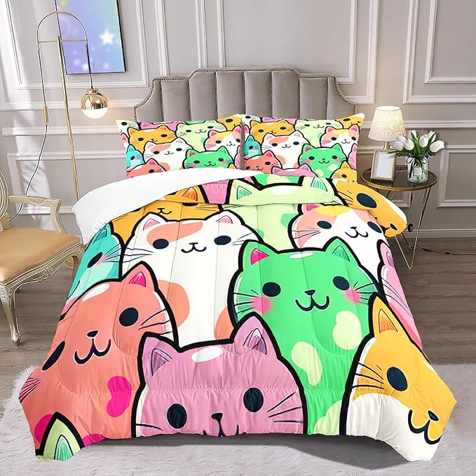 Cat Bedding Set - Full Size Comforter, 2 Pillowcases for Girls, Soft Breathable Polyester, Machine Washable, Cat Themed Bedding for Kids Room Decor, Birthday & Holiday Gift