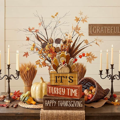 Moucuny 4 Pcs Fall Decorations for Home Wooden Turkey Decor Thanksgiving Tiered Tray Decor Thanksgiving Table Centerpiece Rustic Wooden Turkey Time Block Sign for Autumn Harvest Party Kitchen Shelf