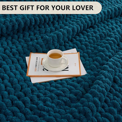 L'AGRATY Chunky Knit Blanket Throw: 50''x60'' Chenille Chunky Knitted Throw Blanket for Bed Couch - Handmade Thick Big Cable Knit Blanket - Large Crochet Rope Blanket for Home Decor(Blue)