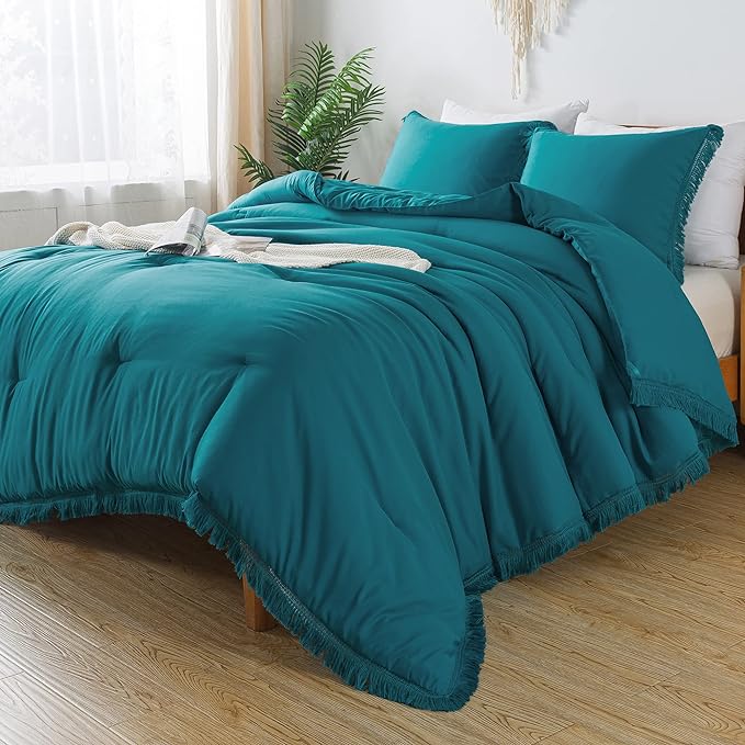 Andency Turquoise Comforter Set Full Size, 3 Pieces Boho Teal Tassel Lightweight Bedding Comforter Sets, Teal Blue All Season Soft Fluffy Fringe Bed Set (79x90In Comforter & 2 Pillowcases)