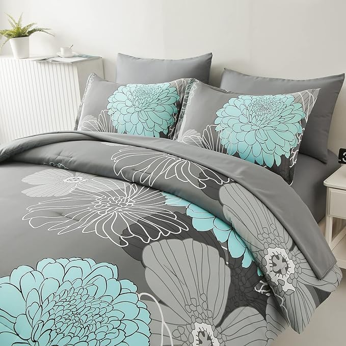 Yiran 7 Pieces Bed in a Bag Floral Comforter Set Queen Flowers Bedding Set Soft Microfiber Comforter Sets with 1 Comforter 1 Flat Sheet 1 Fitted Sheet 2 Pillowshams and 2 Pillowcases