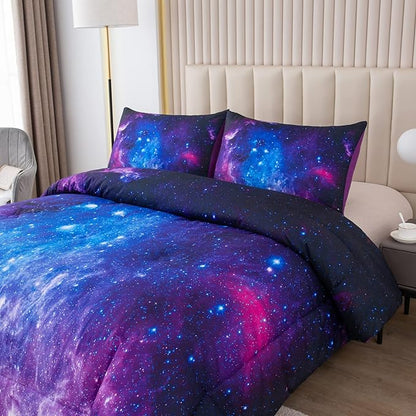 NINENINE Galaxy Comforter Space Bedding Set Queen Size for Teen Kids, Girls Purple Comforter Set Printed with 1 Comforter 2Pillowcases……