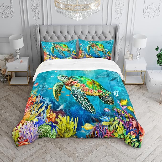 Kids Turtle Rose Comforter Set Full Beach Theme Jellyfish Starfish Bedding Set Sea Animal Reptile Bed Set with 2 Pillowcases for Boys Girls Room Decor