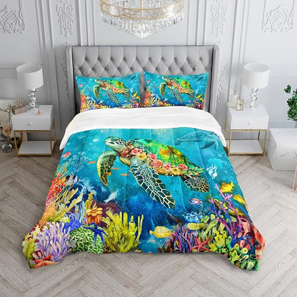 Kids Turtle Rose Comforter Set Full Beach Theme Jellyfish Starfish Bedding Set Sea Animal Reptile Bed Set with 2 Pillowcases for Boys Girls Room Decor