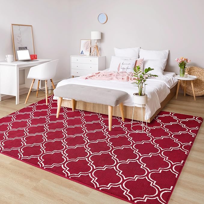 Chicrug Shag Geometric 4x6 Area Rug for Living Room, Large Modern Memory Foam Indoor Carpet, Fluffy Rug for Bedroom Bedside Room Decor for Family Girls Kids Nursery, Wine Red/White