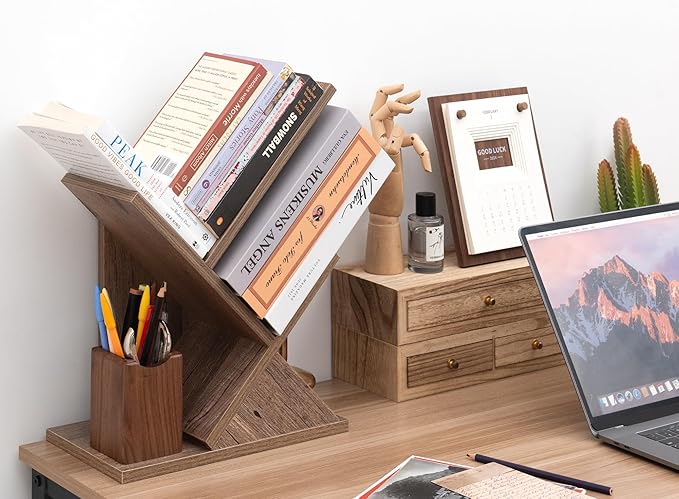 Labcosi 2 Tier Tree Bookshelf, Small Bookshelf for Storing Books/CDs, Wood Book Organizer Shelves for Home Office, Bedroom, Living Room, Rustic Brown