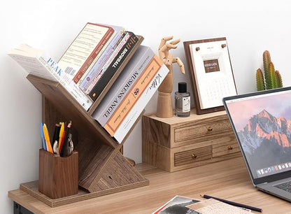 Labcosi 2 Tier Tree Bookshelf, Small Bookshelf for Storing Books/CDs, Wood Book Organizer Shelves for Home Office, Bedroom, Living Room, Rustic Brown