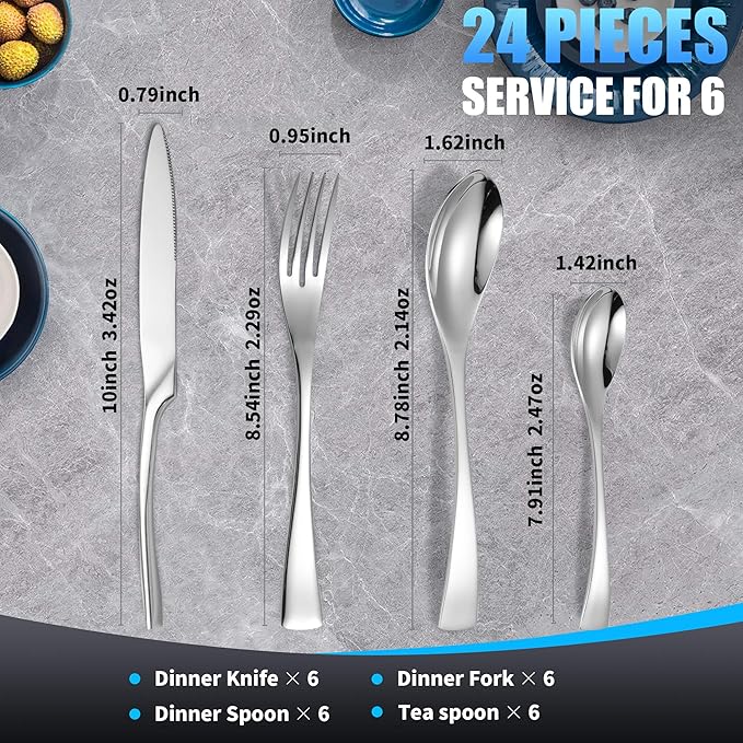 Lemeya 24-Piece Silverware Set for 6,Heavy Duty 18/10 Stainless Steel Cutlery Set with Forged Stand Knife,Modern Flatware Utensils Set,Forks Spoons and Knives Set,Mirror Polished,Dishwasher Safe
