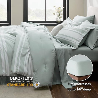 Bedsure Bed in a Bag King Size 7 Pieces, Sage Green White Striped Bedding Comforter Sets All Season Bed Set, 2 Pillow Shams, Flat Sheet, Fitted Sheet and 2 Pillowcases