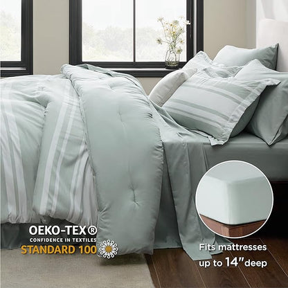 Bedsure Bed in a Bag California King Size 7 Pieces, Sage Green White Striped Bedding Comforter Sets All Season Bed Set, 2 Pillow Shams, Flat Sheet, Fitted Sheet and 2 Pillowcases