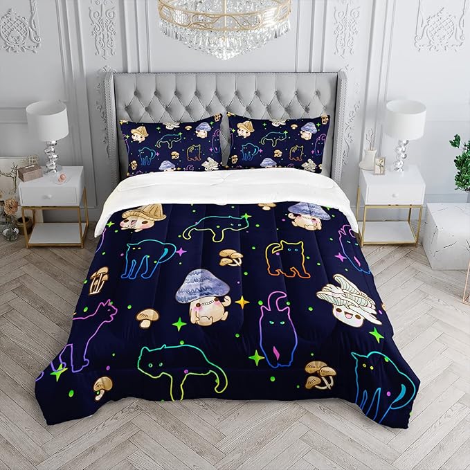 Mushroom Kawaii Cat Comforter Set Full Size Kids Mushroom Bedding Set Star Theme Quilt Bed Set for Boys Girls Adults with 1 Comforter and 2 Pillowcases