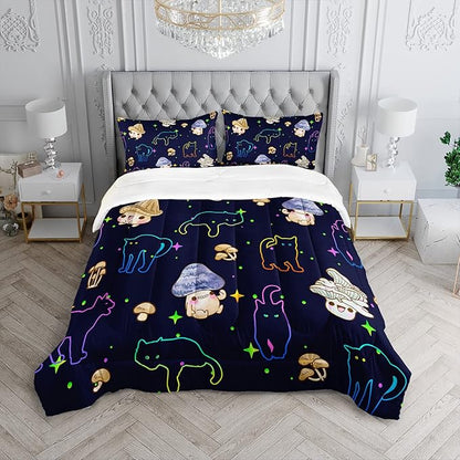 Mushroom Kawaii Cat Comforter Set Queen Size Kids Mushroom Bedding Set Star Theme Quilt Bed Set for Boys Girls Adults with 1 Comforter and 2 Pillowcases