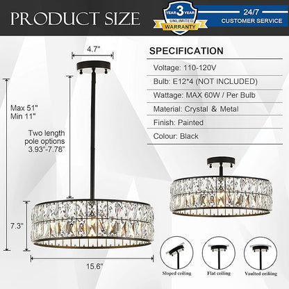16” 4-Light Modern Crystal Chandeliers Black Dinning Room Light Fixture with Two Rods, Round Pendant Light Kitchen Island Chandelier, Flush Mount Ceiling Light for Living Room Entryway