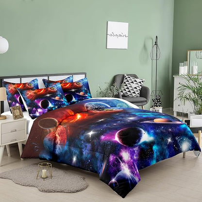NINENINE Space Bedding Set Full Size for Girls Boys Kids,Purple Galaxy Comforter Set Outer Space Earth Planets Stars Theme Solar Galaxy Bedding System Bed Set with 1 Space Comforter 2 Pillowcases…