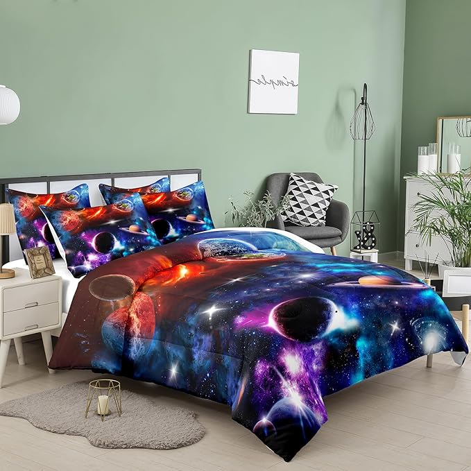 NINENINE Space Comforter Sets Galaxy Bedding Purple Comforter Twin Size Bedding Sets for Girls Earth Planets Stars Theme Solar Comforter System Bed Set with 1 Comforter 1 Pillowcase