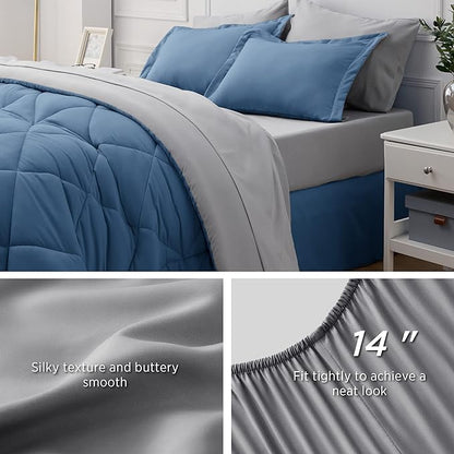 Bedsure Blue California King Comforter Set - 7 Pieces Reversible Bed Set Bed in a Bag California King with Comforters, Sheets, Pillowcases & Shams, California King Bedding Sets