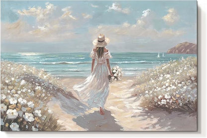 cozy country Beach Wall Art 36"x24" - Coastal Pictures Ocean Canvas Decor - Nautical Artwork Seascape Hand Painting for Girls Room, Sea House