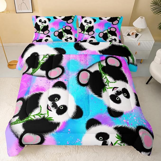 Panda Comforter Full Size,Neon Panda Comforter Set for Kids Teens Girls Boys,3Pcs Bedding Set Printed Comforter with 2 Pillowcases,Down Alternative,Soft and Lightweight，Full Size