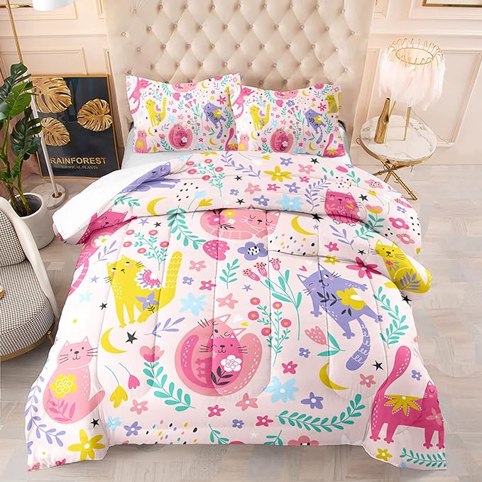 Floral Cat Comforter Twin Size,Pink Cat Comforter Set for Kids Teens Girls,3Pcs Bedding Set Printed Comforter with 2 Pillowcases,Down Alternative,Soft and Lightweight(Pink，Twin Size)