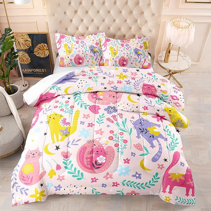 Floral Cat Comforter Twin Size,Pink Cat Comforter Set for Kids Teens Girls,3Pcs Bedding Set Printed Comforter with 2 Pillowcases,Down Alternative,Soft and Lightweight(Pink，Twin Size)