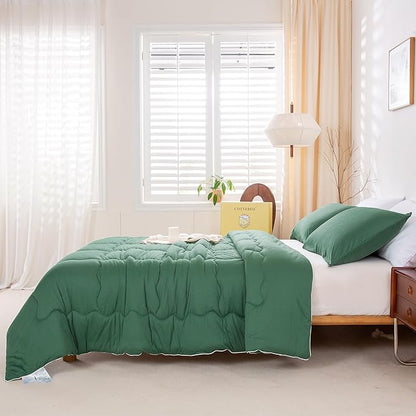 COTTEBED Forest Green Comforter Queen Size, Jersey Knit Cotton T-Shirt Feel Ultra-Soft Cute Cozy Lightweight Bedding Blanket Quilt Down Set & Pillowcase All Season Use Emerald Hunter Green,Full/Queen