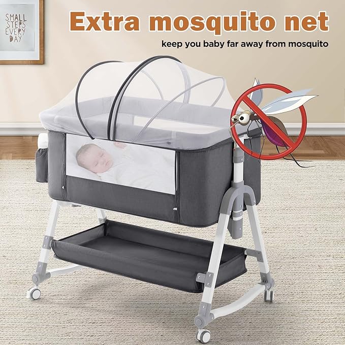 4 in 1 Baby Bassinet,Easy Folding Portable Bedside Crib with Comfy Mattress and Wheels,Height Adjustable Bassinet with Mosquito net Included,Grey
