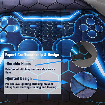 JQinHome Full Gamer Comforter Set,6 Piece Bed in A Bag 3D Video Game Bedding -All Season Down Alternative Gamer Bedding Sets - (Blue Game Controller)