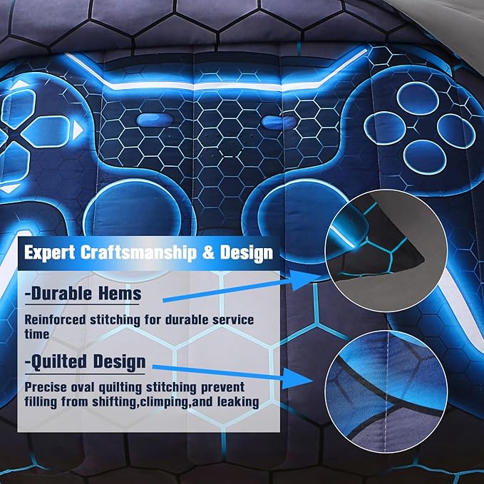 JQinHome Twin Gamer Comforter Set for Boys,6 Piece Bed in A Bag 3D Video Game Bedding -All Season Soft Microfiber Down Alternative Comforter Gamer Bedding Sets for Kids
