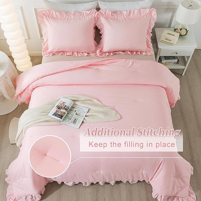 Andency Pink Ruffle Comforter King, 3 Pieces Solid Farmhouse Shabby Chic Comforter, Vintage Rustic Lightweight Soft Microfiber Bedding Set All Season (104x90Inch Comforter)