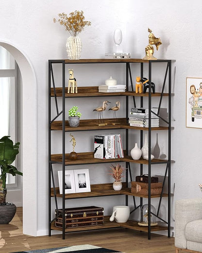Bookshelf 6 Tier Corner Shelf, 77" Industrial Large Corner Etagere Bookcase, 6-Shelf Tall Corner L Shaped Storage Display Rack for Living Room Home Office