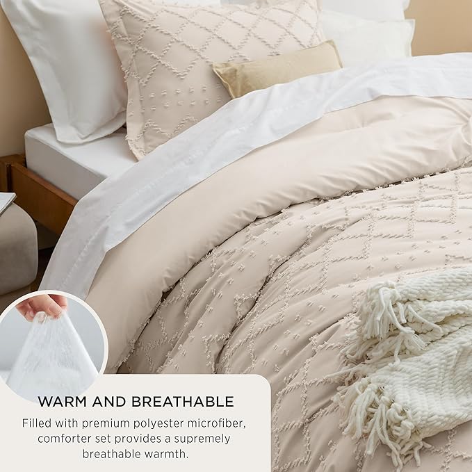 Bedsure Full Size Comforter Set - Beige Comforter, Boho Tufted Shabby Chic Bedding Comforter Set, 3 Pieces Vintage Farmhouse Bed Set for All Seasons, Fluffy Soft Bedding Set with 2 Pillow Shams